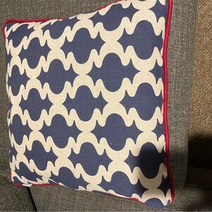 Navy and White Patterned Accent Pillow with Red Piping